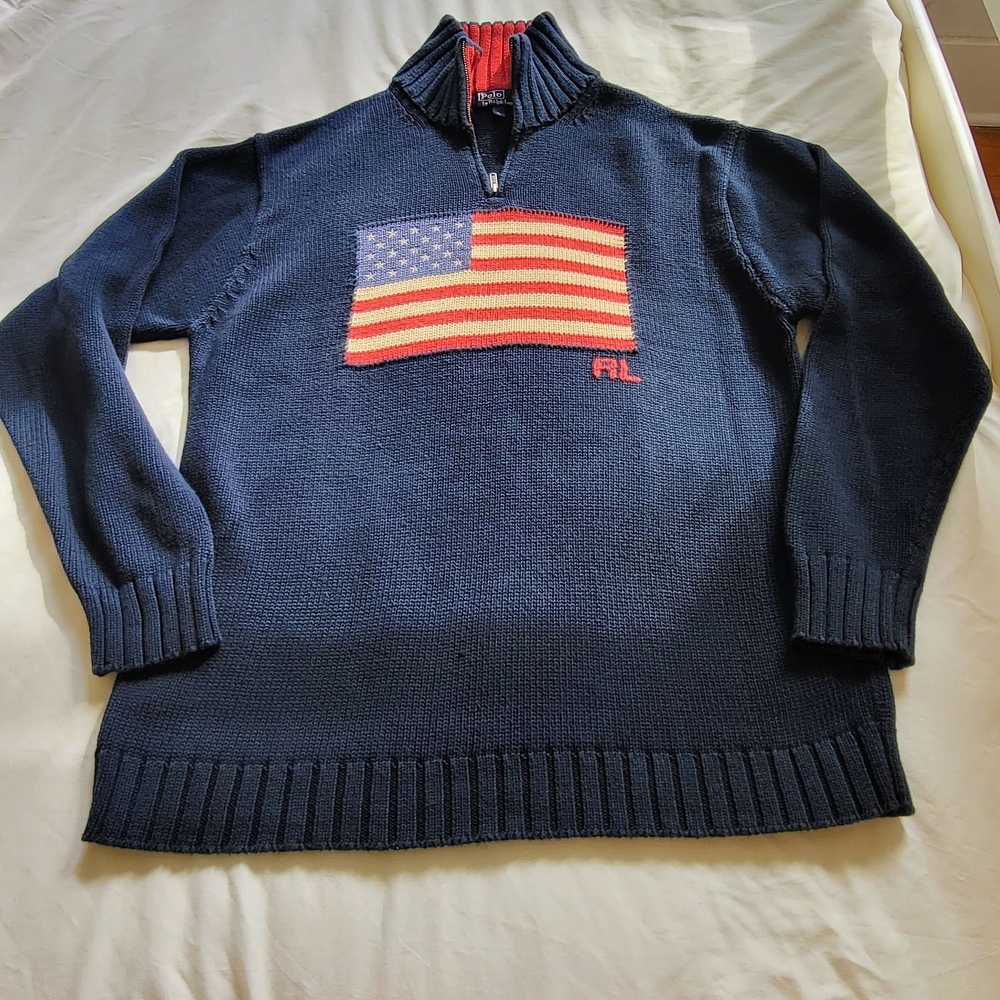 Rare Vintage 80s Ralph Lauren 1/4 Zip Navy American Flag Sweater. - Picture 3 of 12